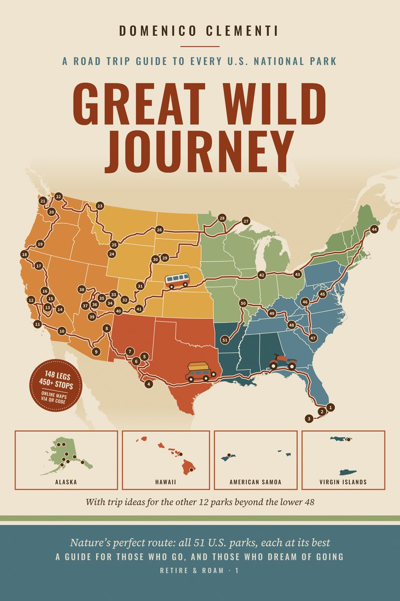 Great Wild Journey cover: a map of the United States with the road route linking the 51 numbered national parks