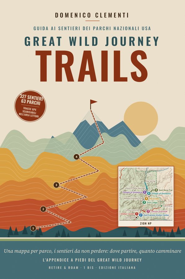 Copertina di Great Wild Journey – Trails: montagne a strati con un sentiero a tornanti numerato e la mappa dei sentieri di Zion