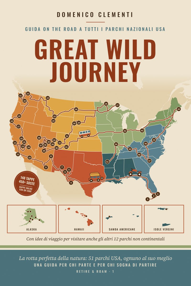 Copertina di Great Wild Journey: la mappa degli Stati Uniti con il percorso stradale tra i 51 parchi nazionali numerati