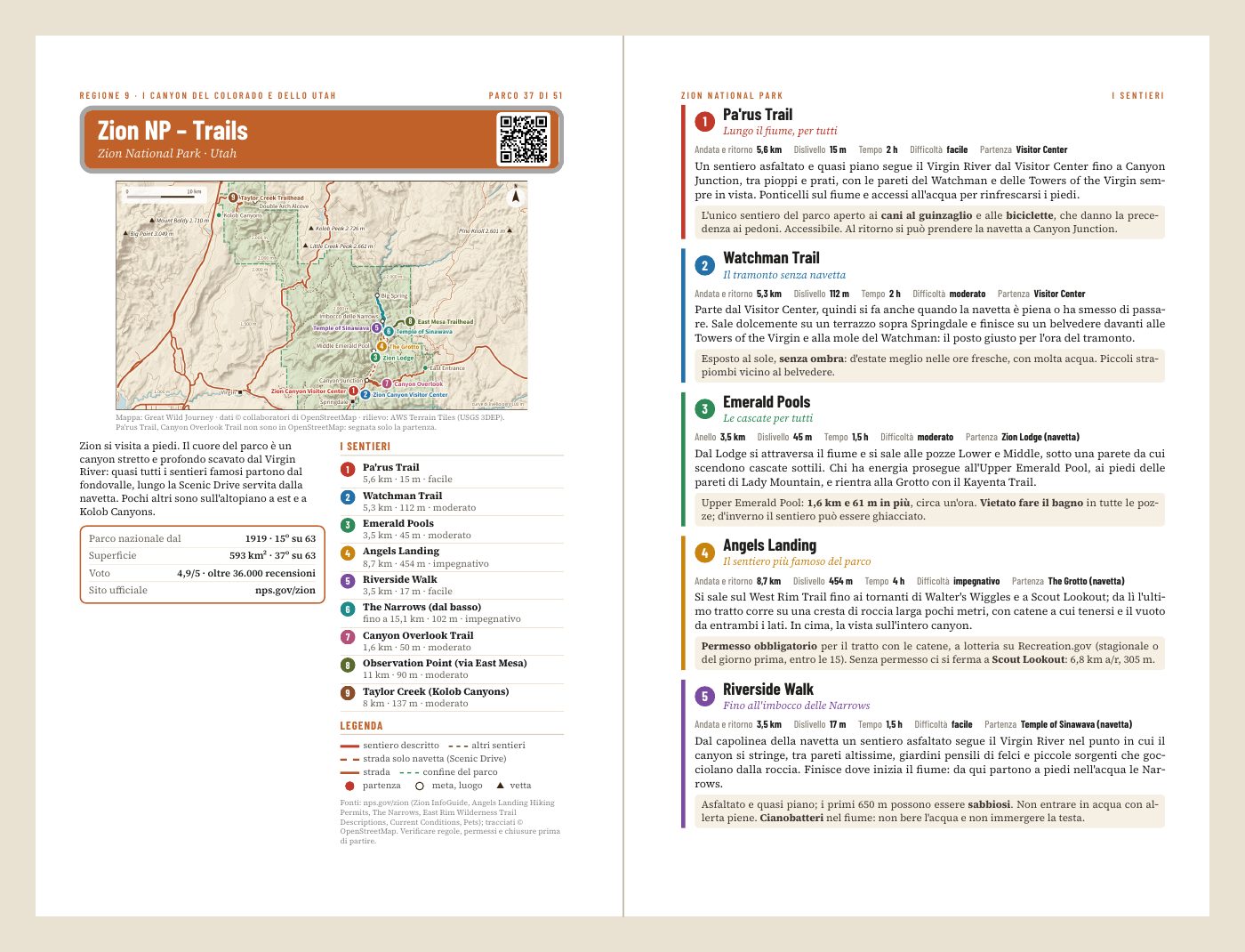 Le prime due pagine di Zion: mappa, presentazione, carta d’identità del parco, elenco dei sentieri e le prime schede.